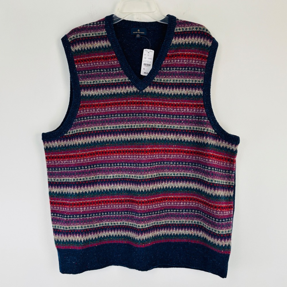 Brooks Brothers Sweater Vest Mens Blue Fair Isle Lambs Wool V Neck XXL - Picture 2 of 9
